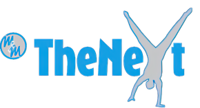 Logo: blauwe tekst met het silhouet van een turnster en de Nederlandse tekst "voel je fit - voel je thuis - voel je goed".