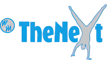 Logo: blauwe tekst met het silhouet van een turnster en de Nederlandse tekst "voel je fit - voel je thuis - voel je goed".