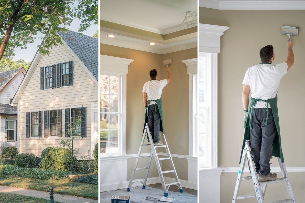 A man is standing on a ladder painting a house.
