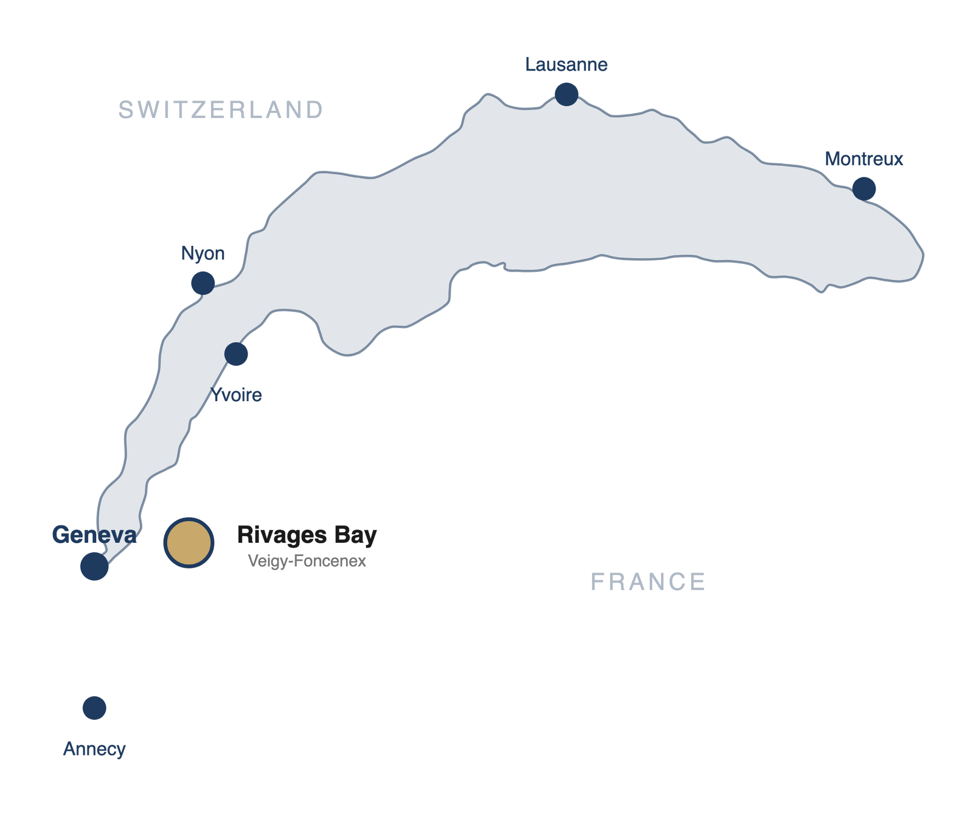 Illustrated map of Lake Geneva showing Rivages Bay in Veigy-Foncenex, between Geneva and the Alps