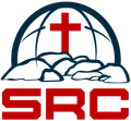 Red cross over a blue and white globe; SRC initials in red, below a rocky landscape.