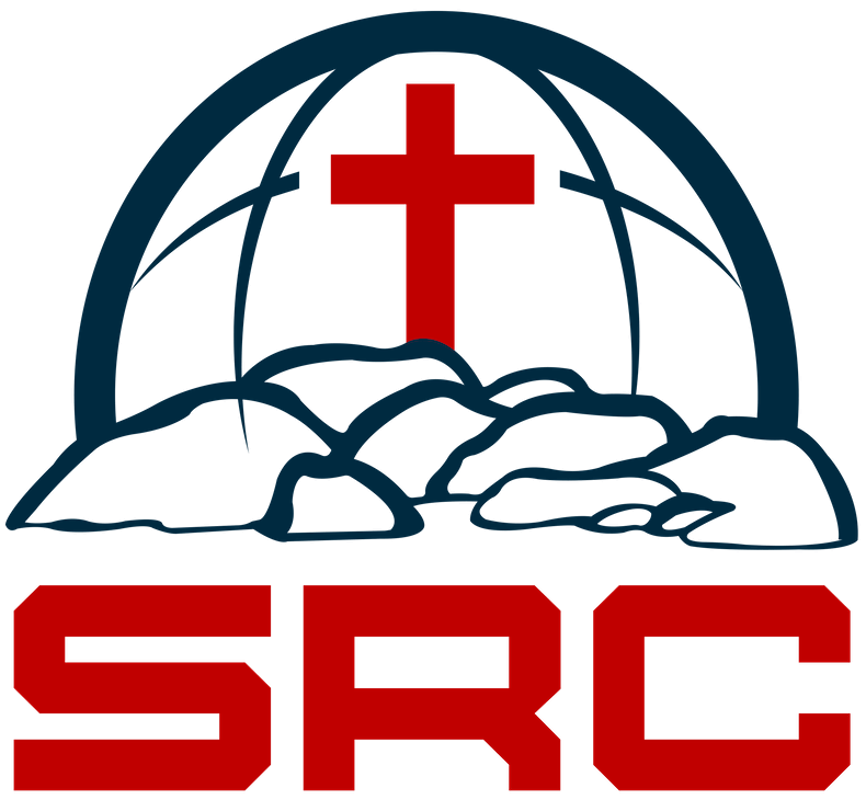 Red cross above a blue arched globe and rocks. Red