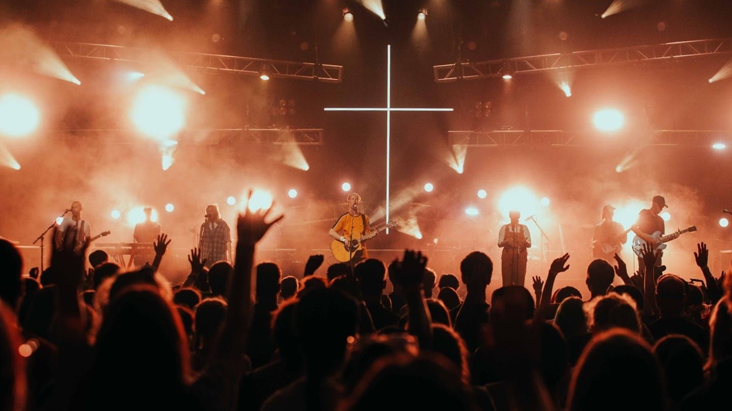 Concert with band on stage, large crowd with raised hands, bright lights, cross backdrop.