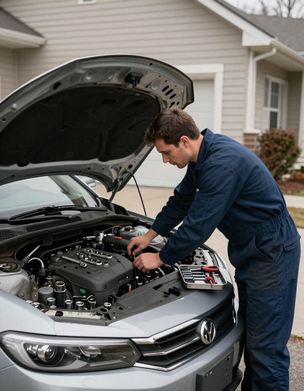 Mobile mechanic servicing a vehicle in a residential driveway