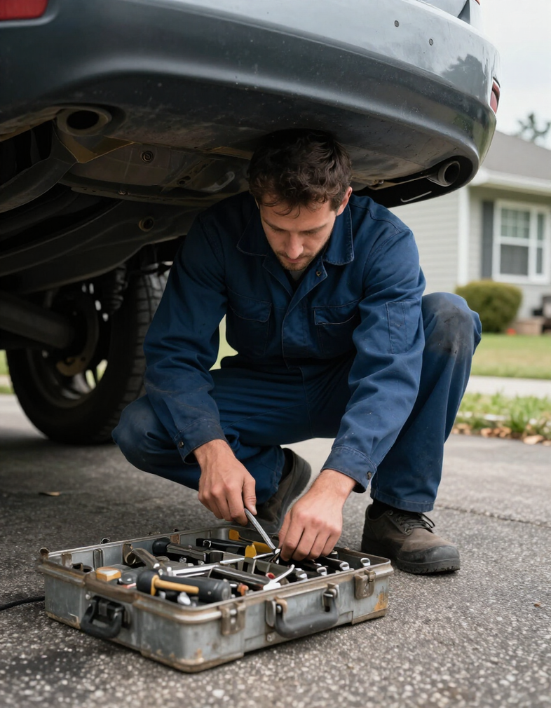 Mobile mechanic with tool kit working at a vehicle in a home driveway, low angle shot