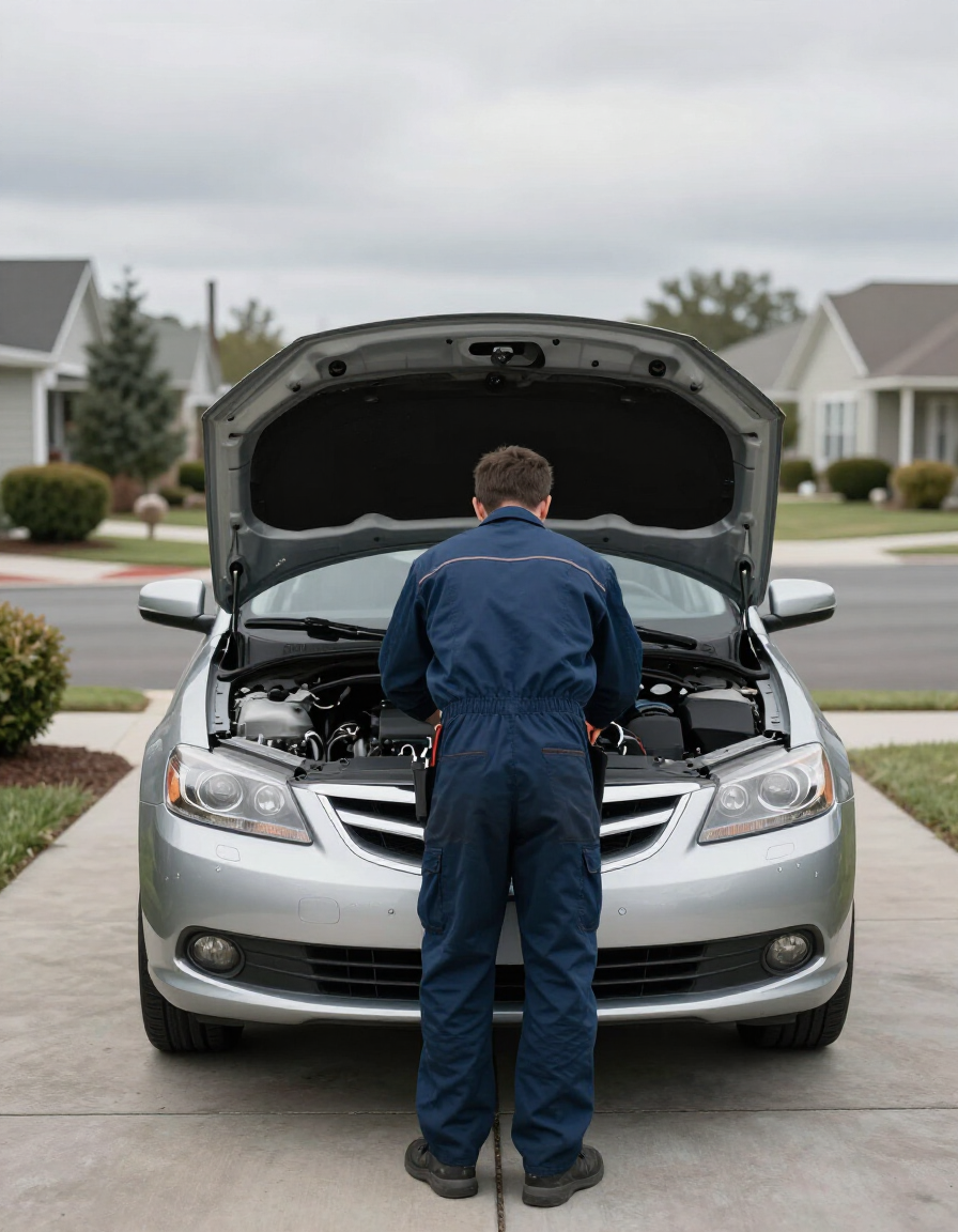 Mechanic performing under-hood inspection at customer's driveway