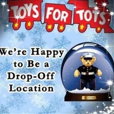 Toys for Tots drop-off location announcement, red train logo, teddy bear in snow globe.