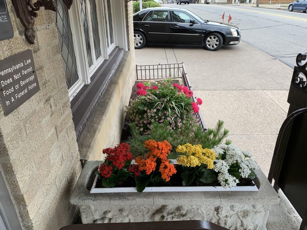 Flower box with colorful blooms next to a building; black car parked on a street.