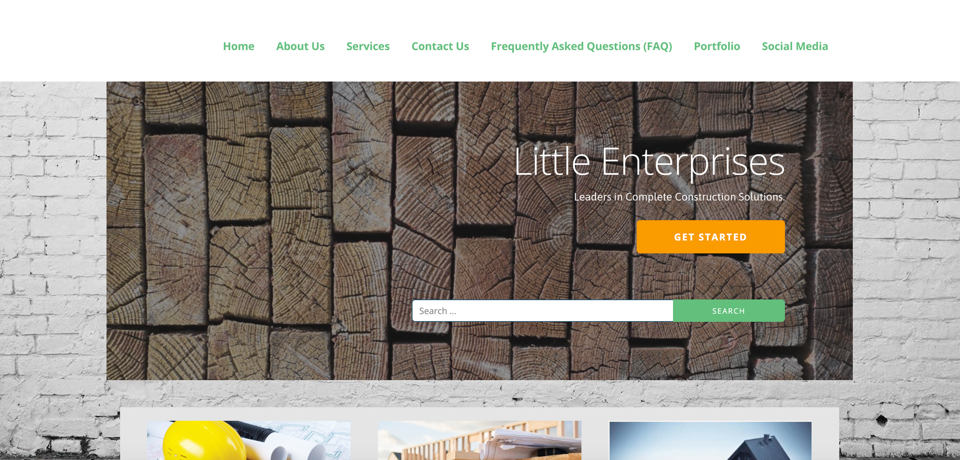 Website homepage with stone wall background, white title, orange button, and green search bar
