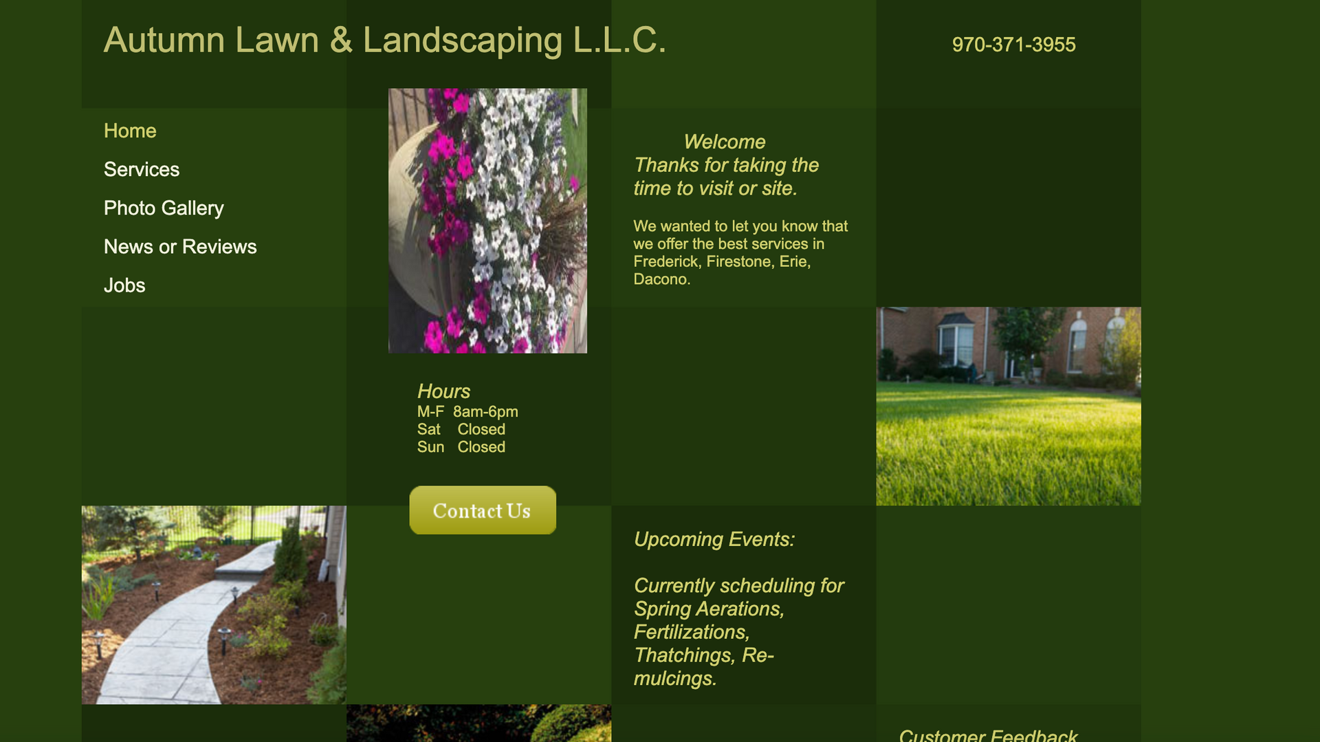 Autumn Lawn & Landscaping LLC website homepage with green panels and landscaping photos