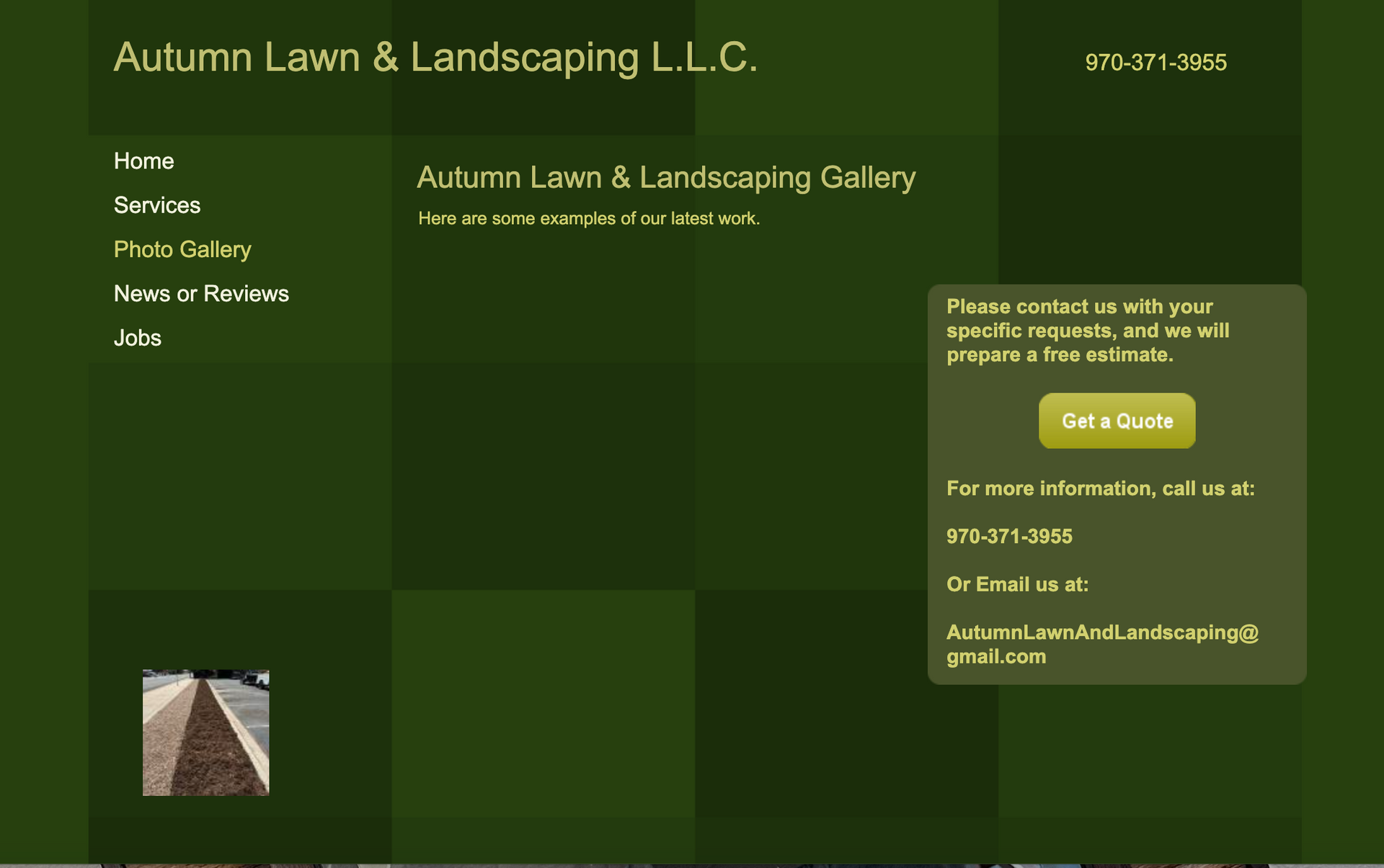 Green landscaping website homepage with navigation, logo, and a quote button