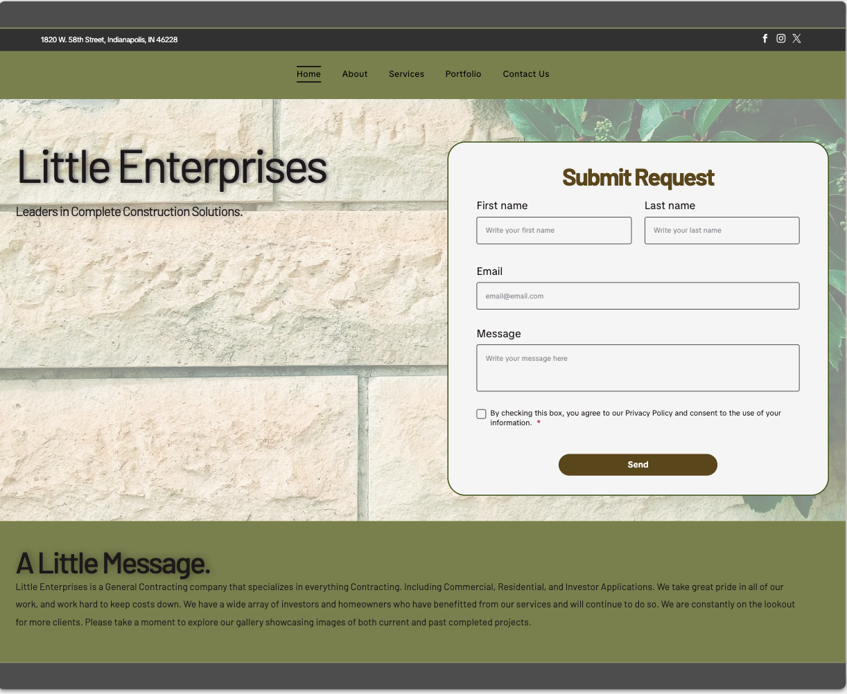 Website homepage for Little Enterprises with a “Submit Request” form on a textured beige and olive-green layout