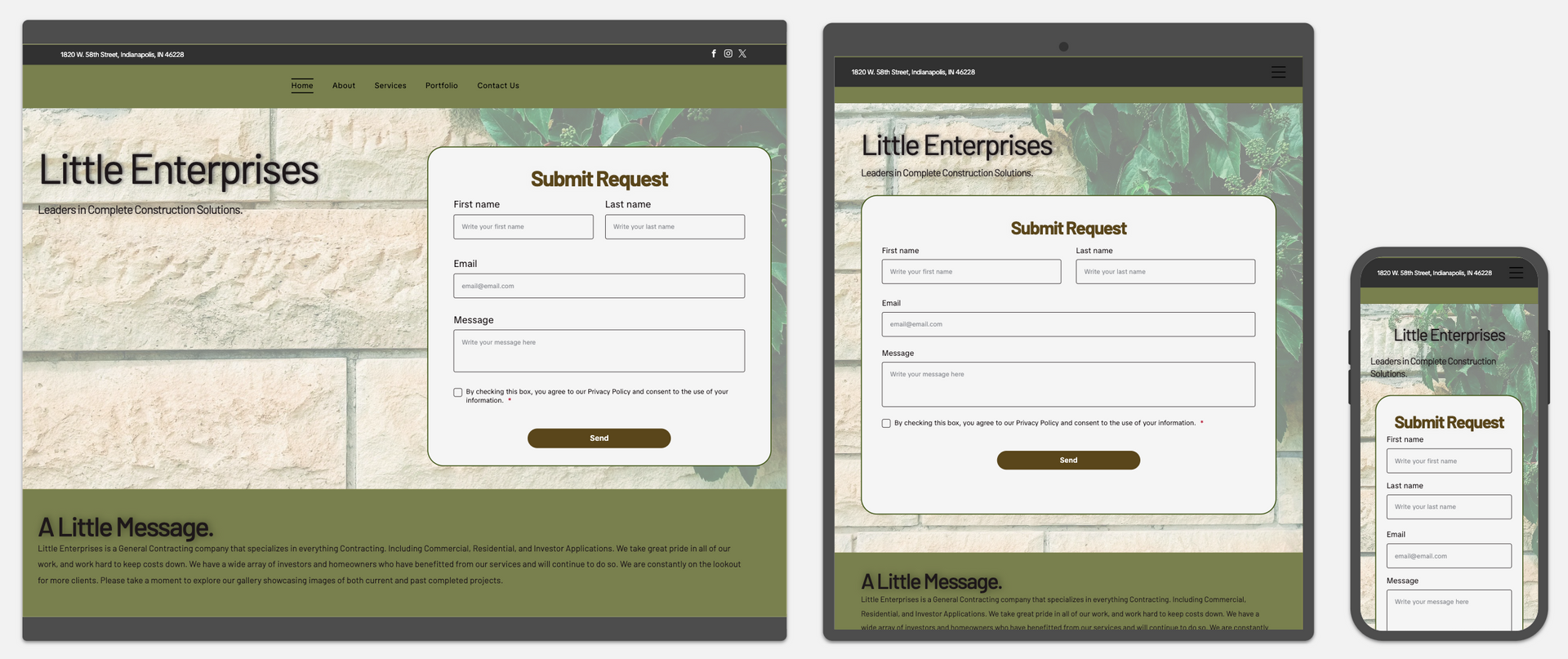 Little Enterprises website shown on desktop, tablet, and phone with a login form on a beige background.
