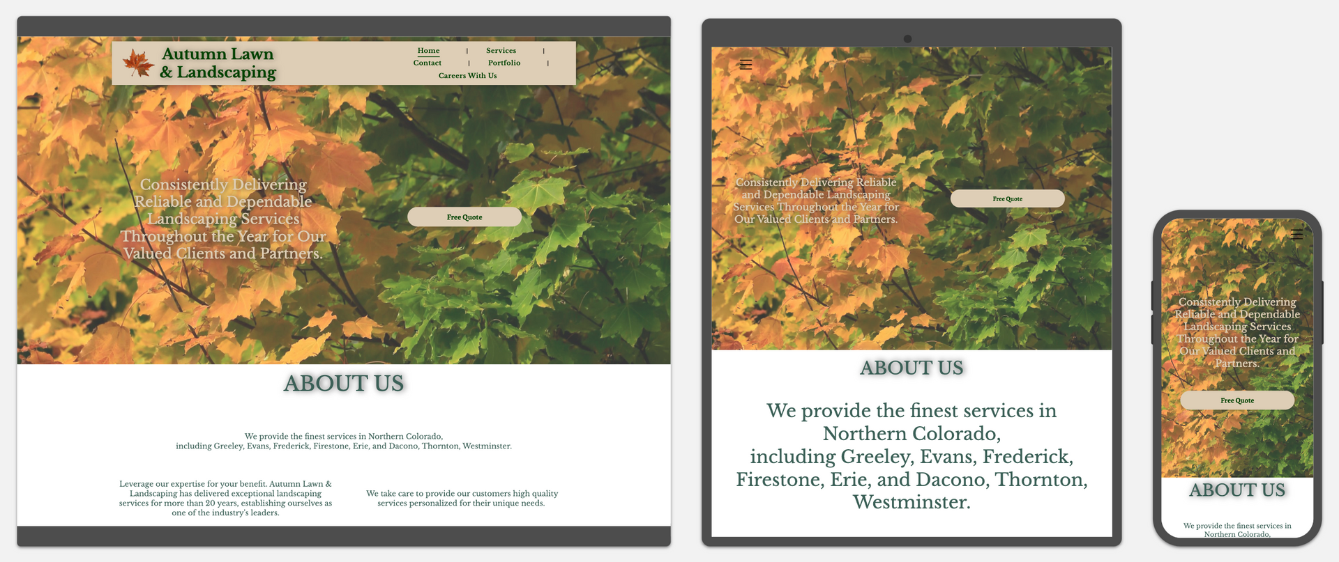 Responsive website mockups on desktop, tablet, and phone with an autumn forest hero image and About Us section