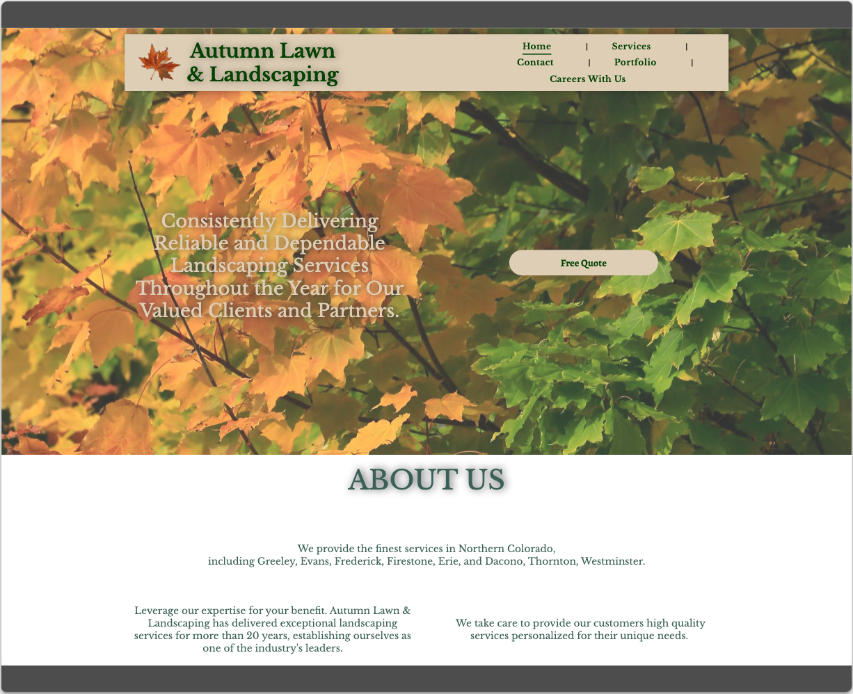 Autumn Lawn & Landscaping website homepage with autumn leaves banner and About Us section
