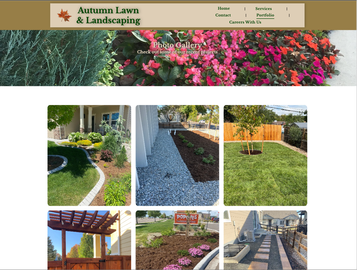 Landscape company banner with six photos of landscaped yards, walkways, gravel beds, and a pergola