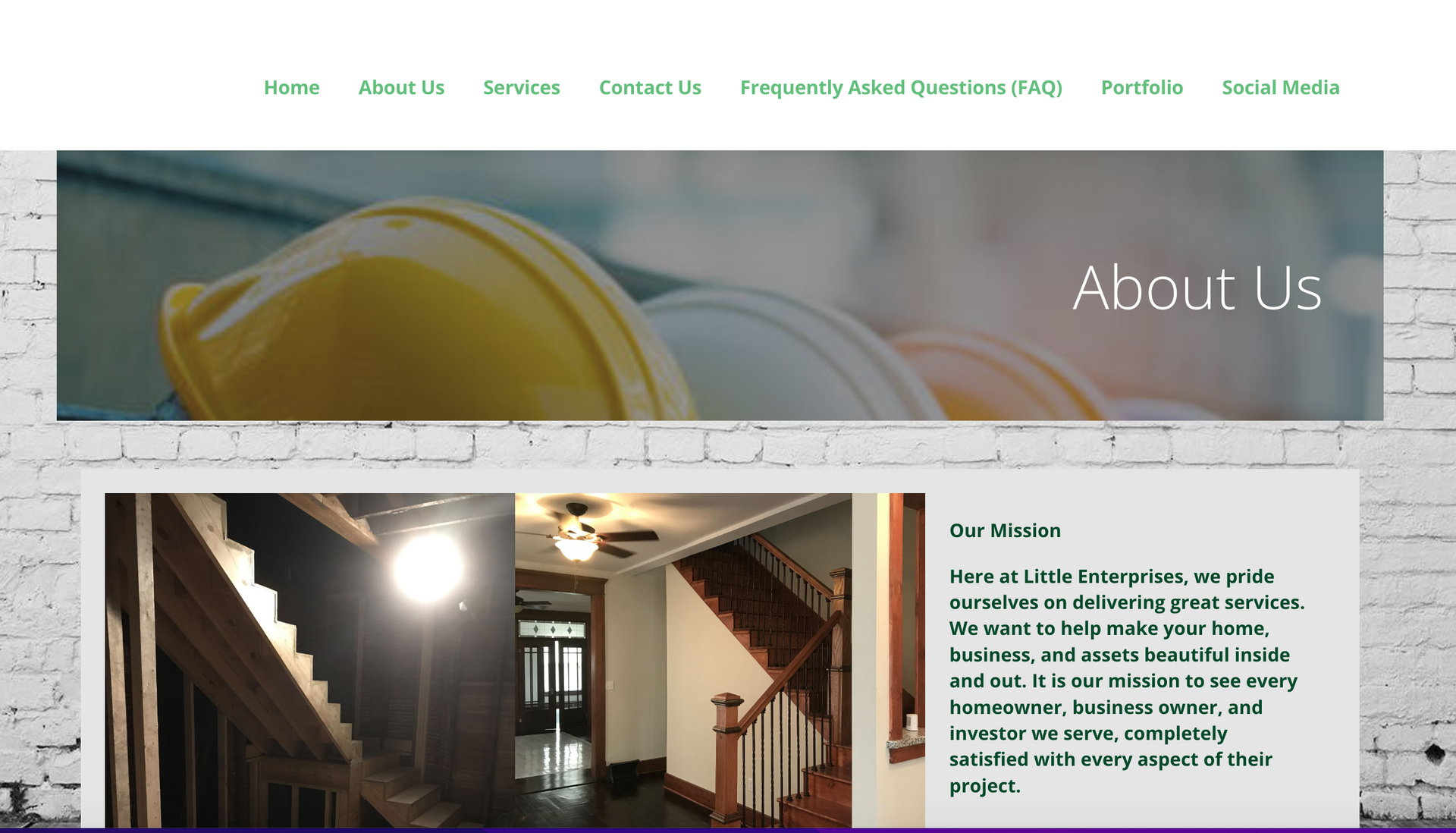 About Us webpage with a staircase photo and a text section beside it