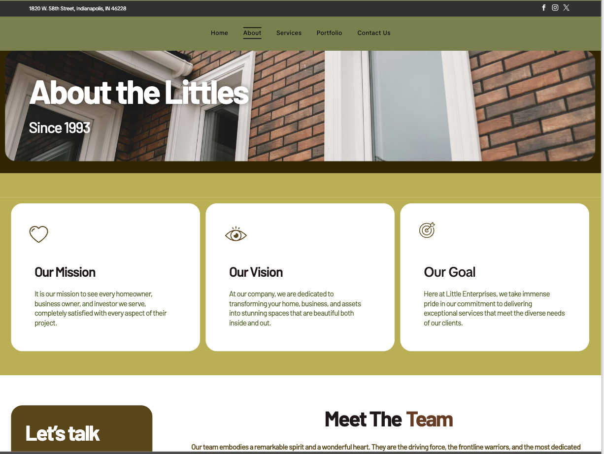 Website homepage section with “About the Littles,” mission, vision, and goal cards on an olive background