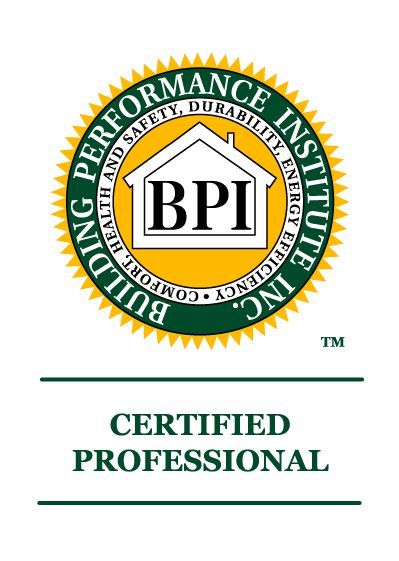 BPI Certified Professional logo: Round emblem with house graphic and text "Building Performance Institute Inc."