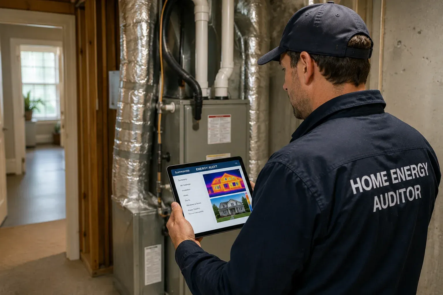 A professional inspector holding a tablet displaying a colorful thermal imaging scan of a house while standing next to a basement furnace, illustrating what does a home energy audit check for in Seattle, Washington.