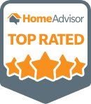 HomeAdvisor Top Rated badge with orange text, stars, and logo on a gray background.
