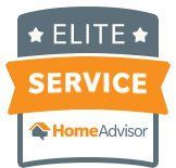 HomeAdvisor Elite Service badge: gray top with "ELITE", orange banner "SERVICE", HomeAdvisor logo.
