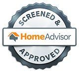 HomeAdvisor "Screened & Approved" badge. White, blue, and orange.