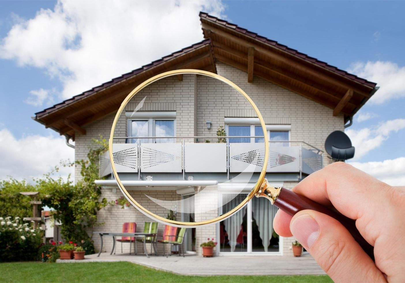 Hand holding magnifying glass over a two-story house with a balcony and lawn.
