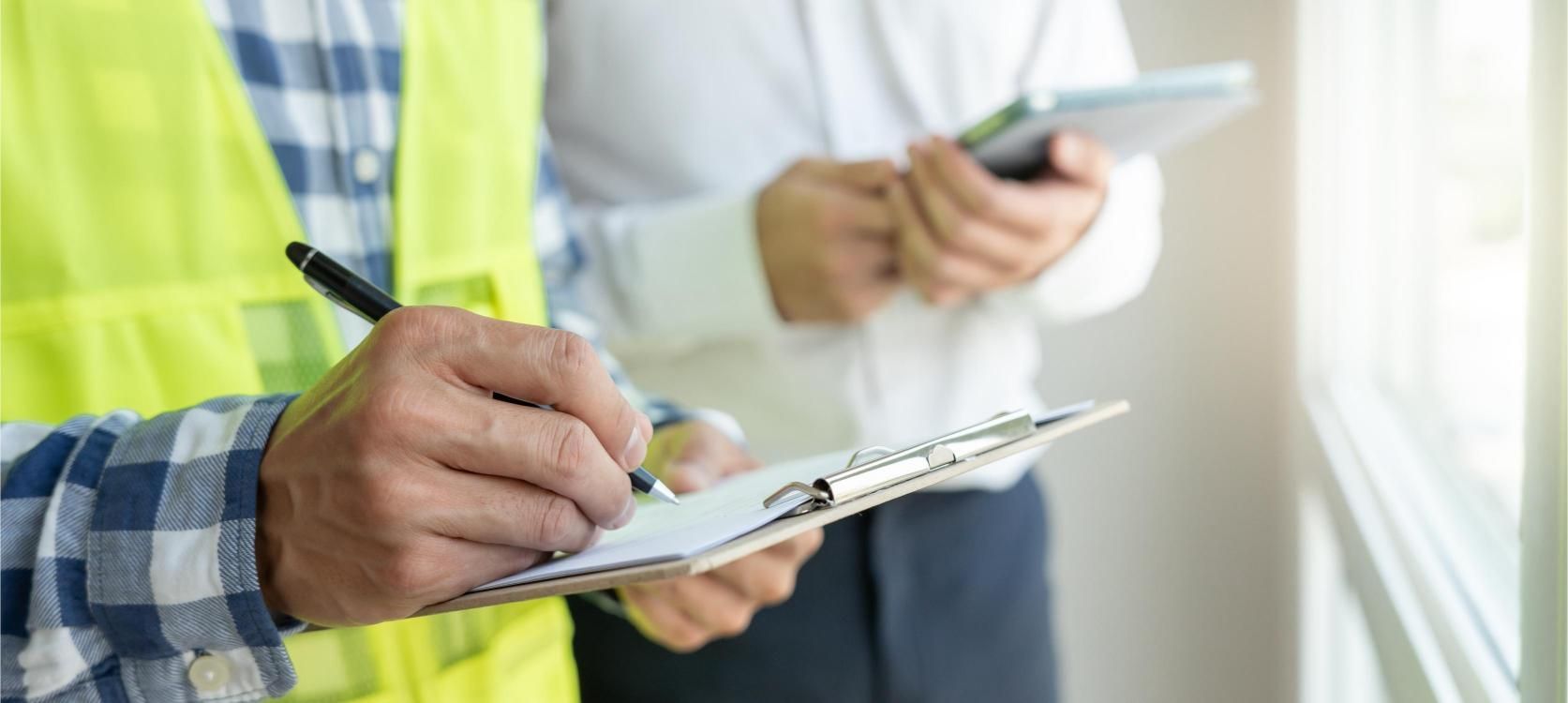 Person in a safety vest writing on a clipboard, another holding a tablet nearby. In an office setting.