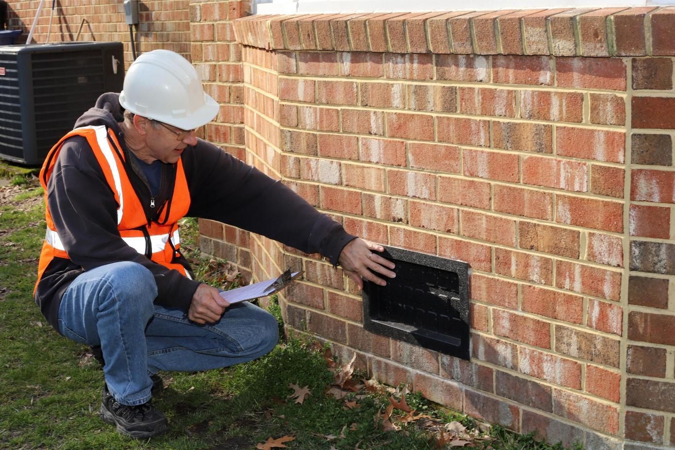 Man crouches beside a building, writing on a clipboard. A window is visible.