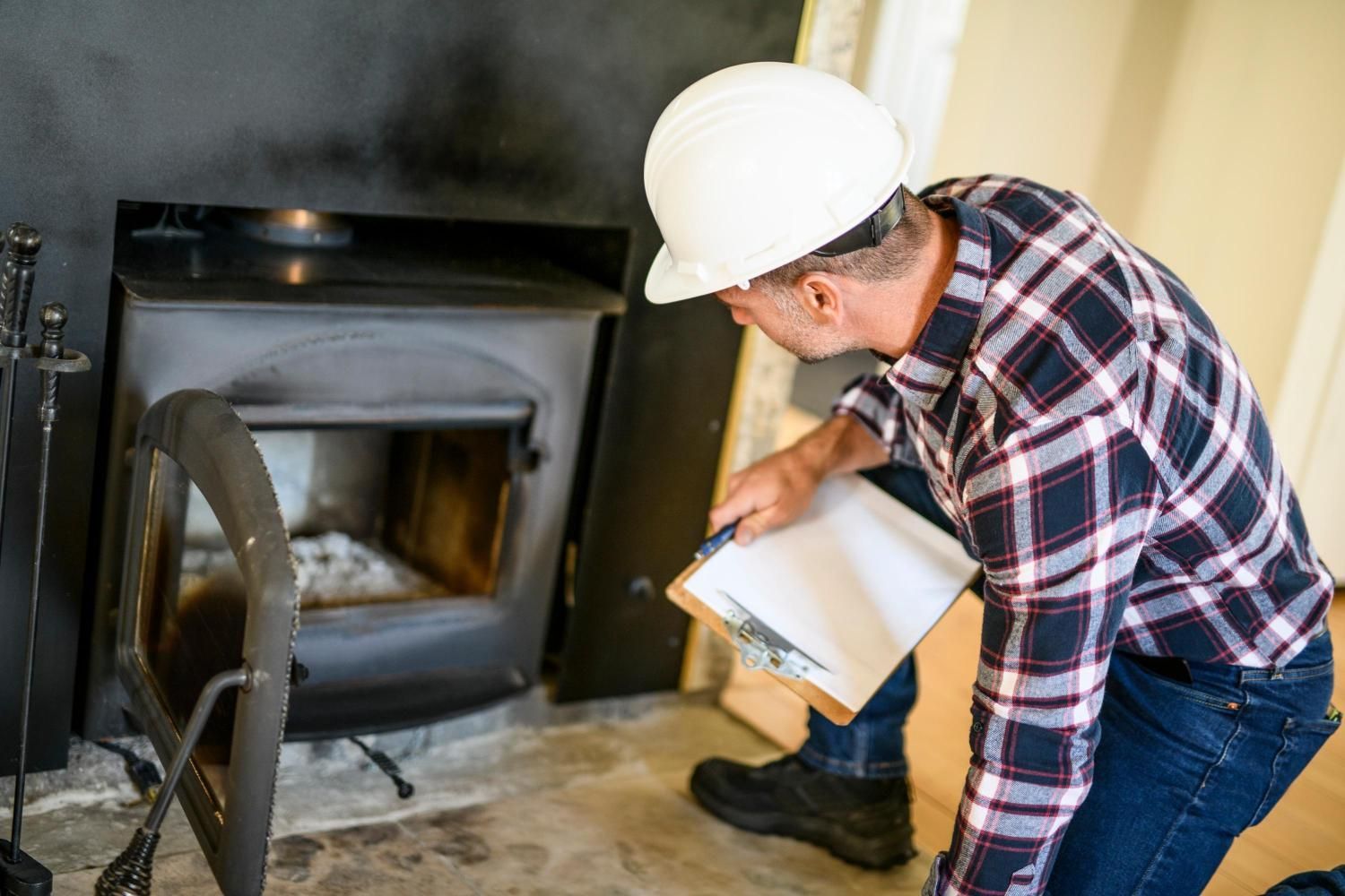 Man in hard hat inspecting a wood-burning stove, holding clipboard, black stove, smoke present.
