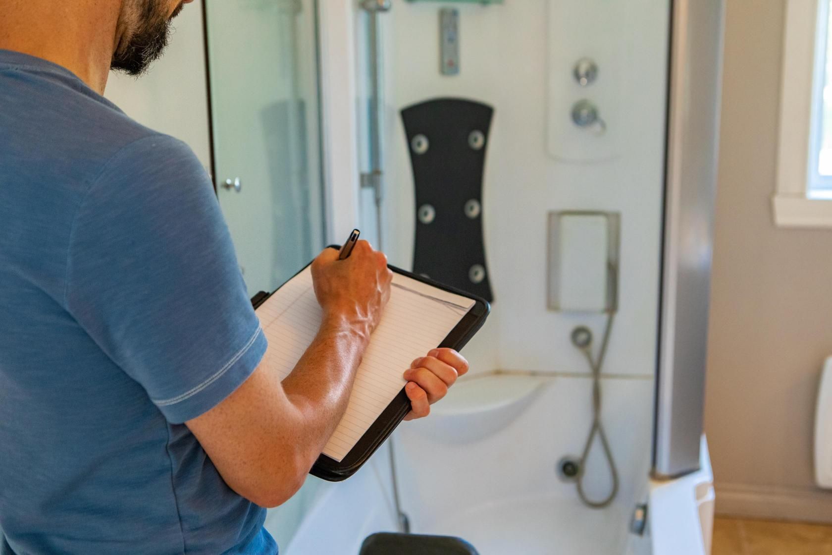 Person writing on a clipboard, inspecting a white shower enclosure.