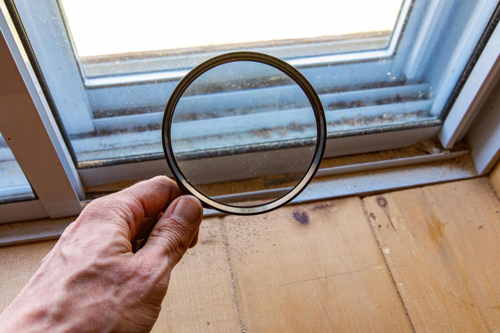 Hand holding a magnifying glass over a dirty window sill.