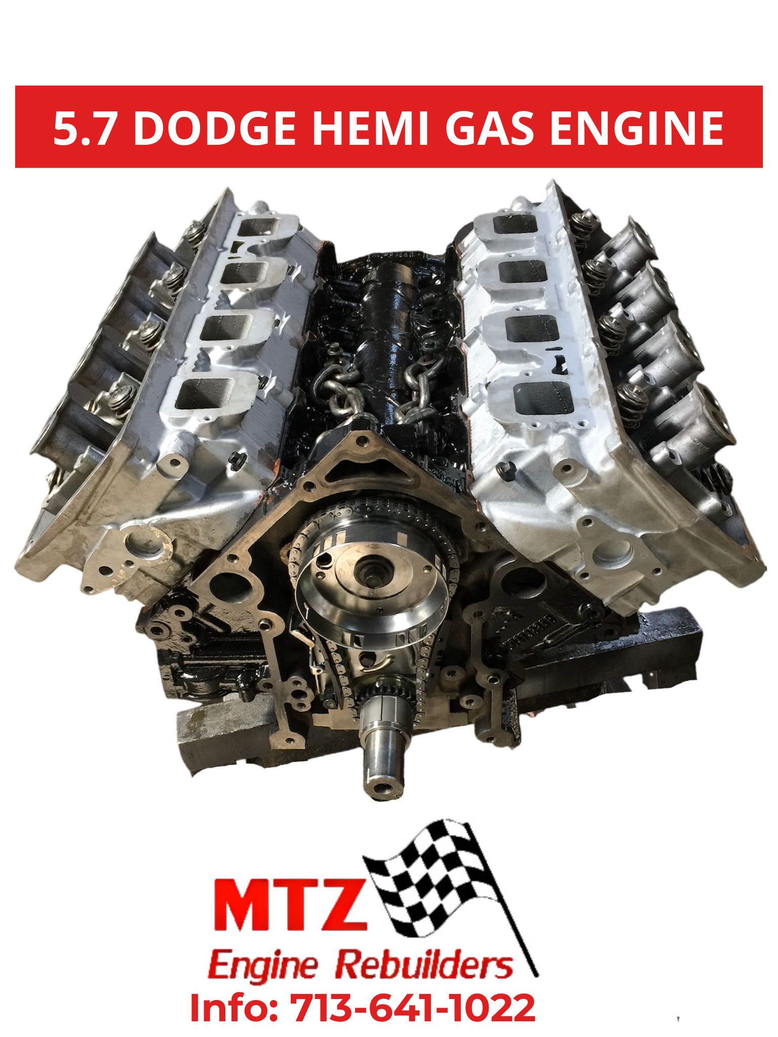 A 5.7 dodge hemi gas engine is shown on a white background.