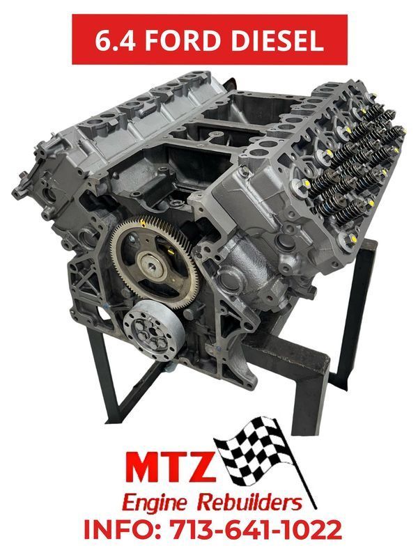 A 6.4 ford diesel engine is on display at mtz engine rebuilders