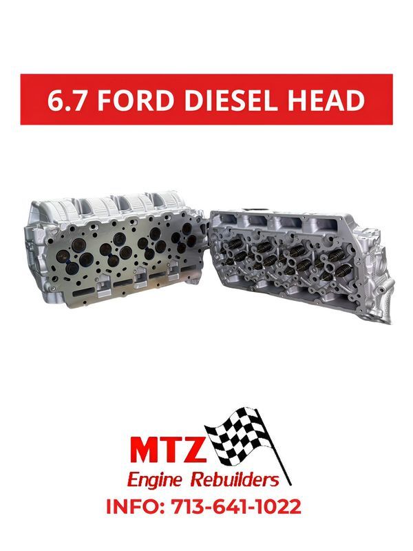 An advertisement for 6.7 ford diesel heads by mtz engine rebuilders