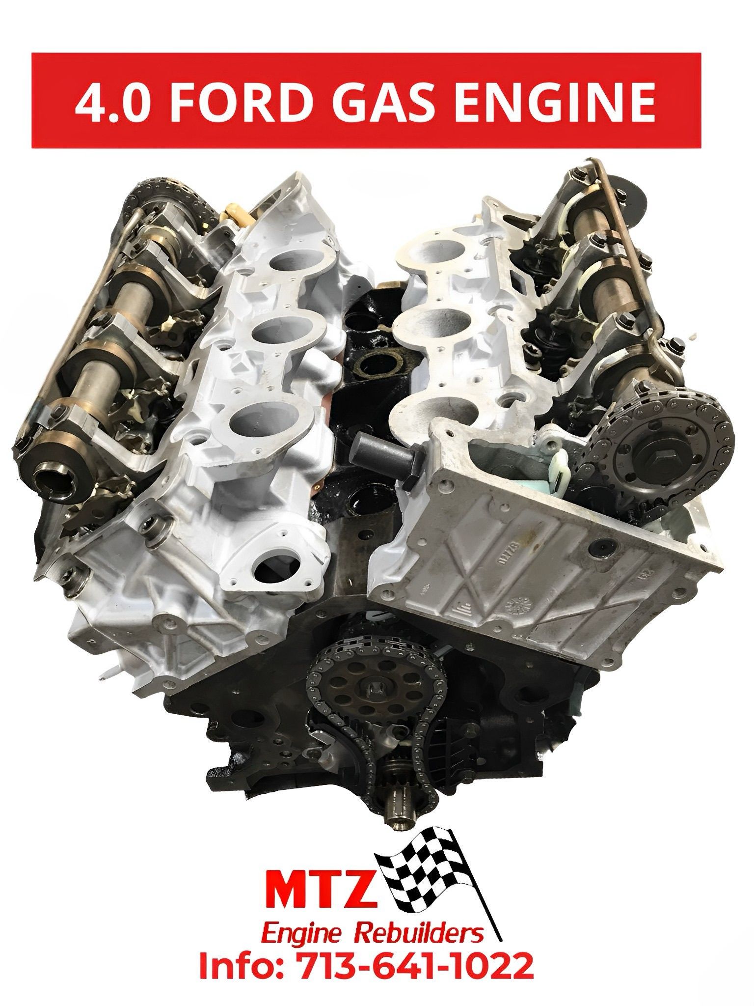 A 4.0 ford gas engine is shown on a white background.
