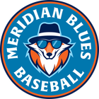 A circular logo for the Meridian Blues Baseball team, featuring a stylized fox wearing a fedora and blue sunglasses.