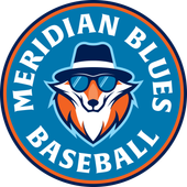 A circular logo for the Meridian Blues Baseball team, featuring a stylized fox wearing a fedora and blue sunglasses.