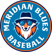 A circular logo for the Meridian Blues Baseball team, featuring a stylized fox wearing a fedora and blue sunglasses.