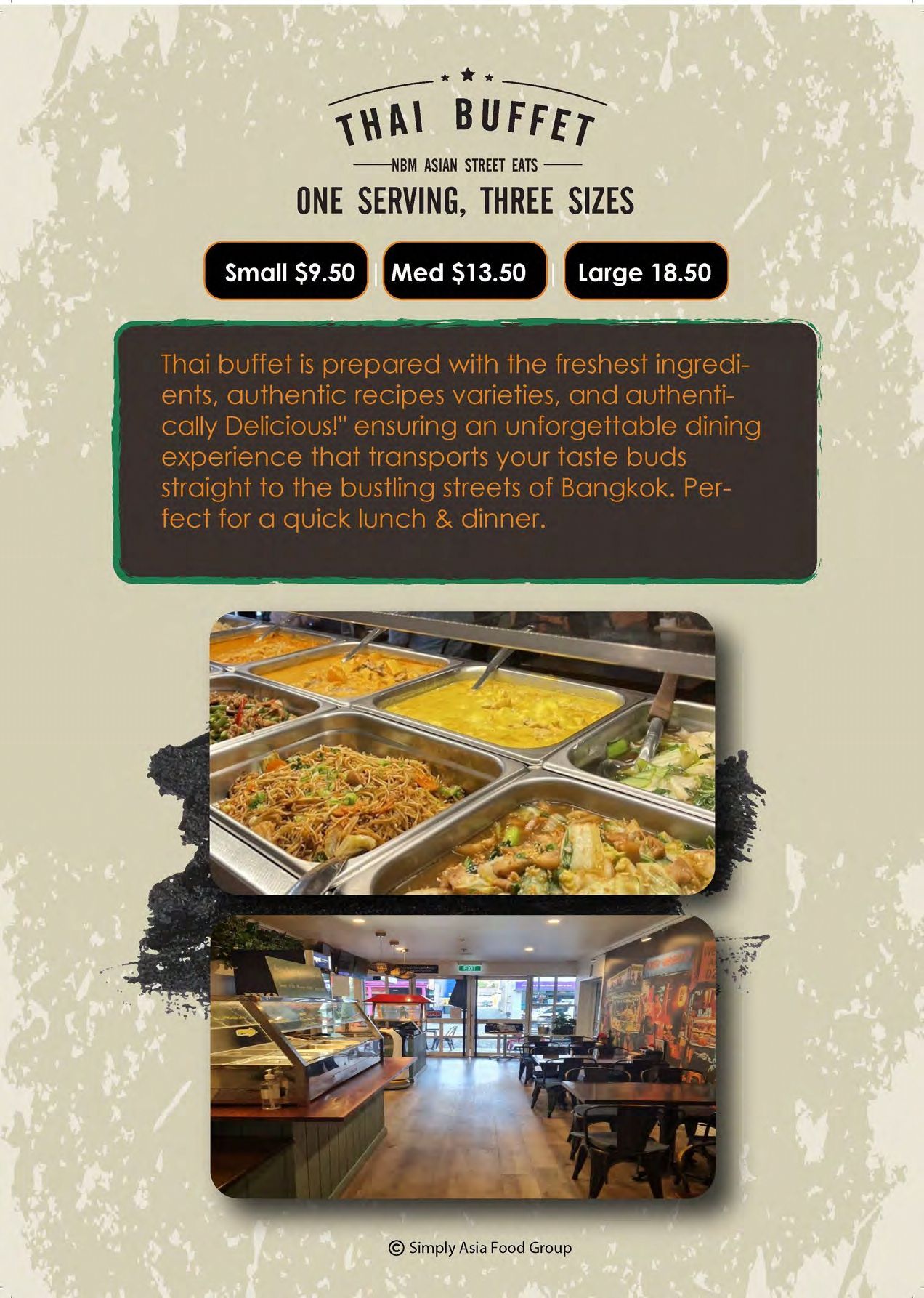 A thai buffet one serving three sizes advertisement