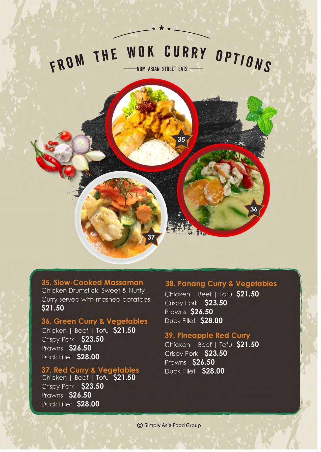 A menu for a restaurant called from the wok curry options