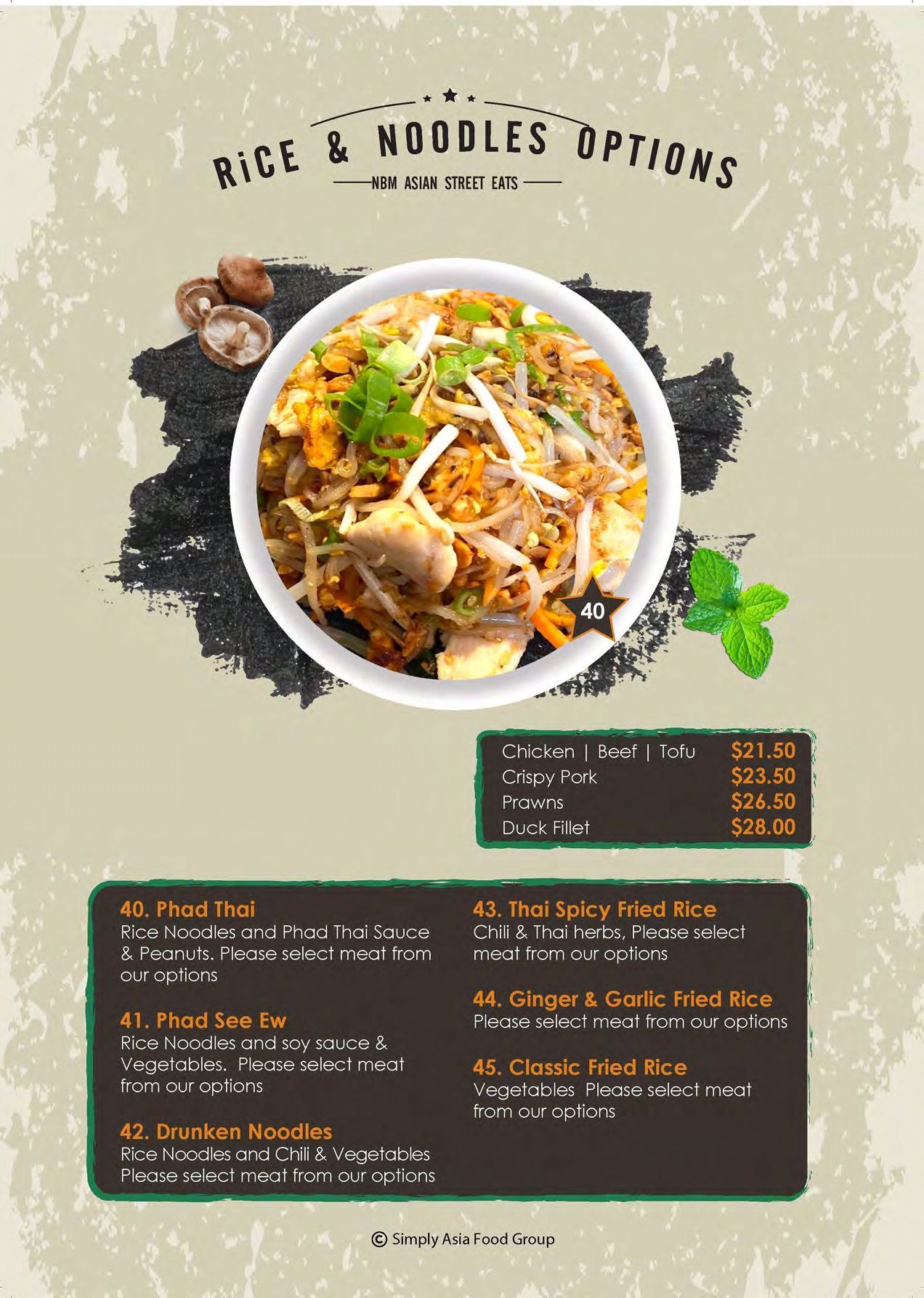 A menu for rice and noodles with a bowl of food on it.