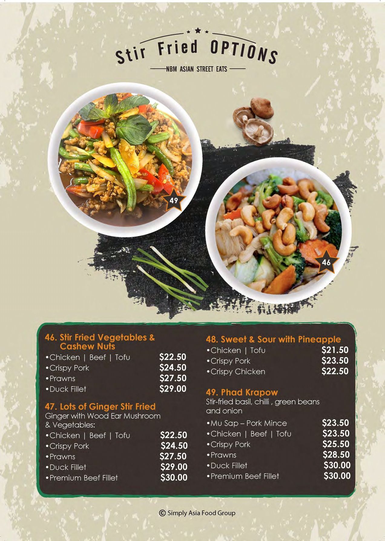 A menu for stir fried options with two bowls of food