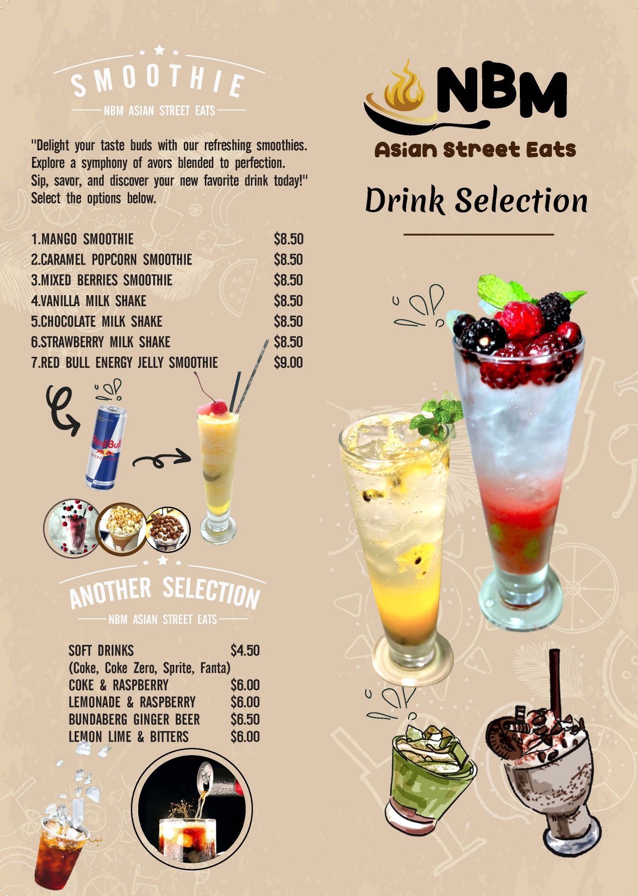 A menu for a restaurant with a variety of drinks on it.