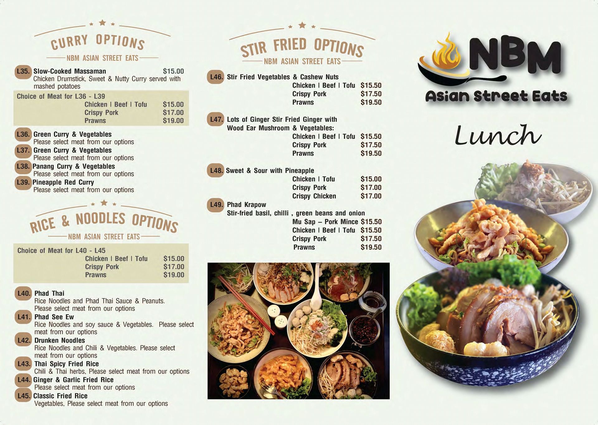 A menu for a restaurant called nbm asian street eats