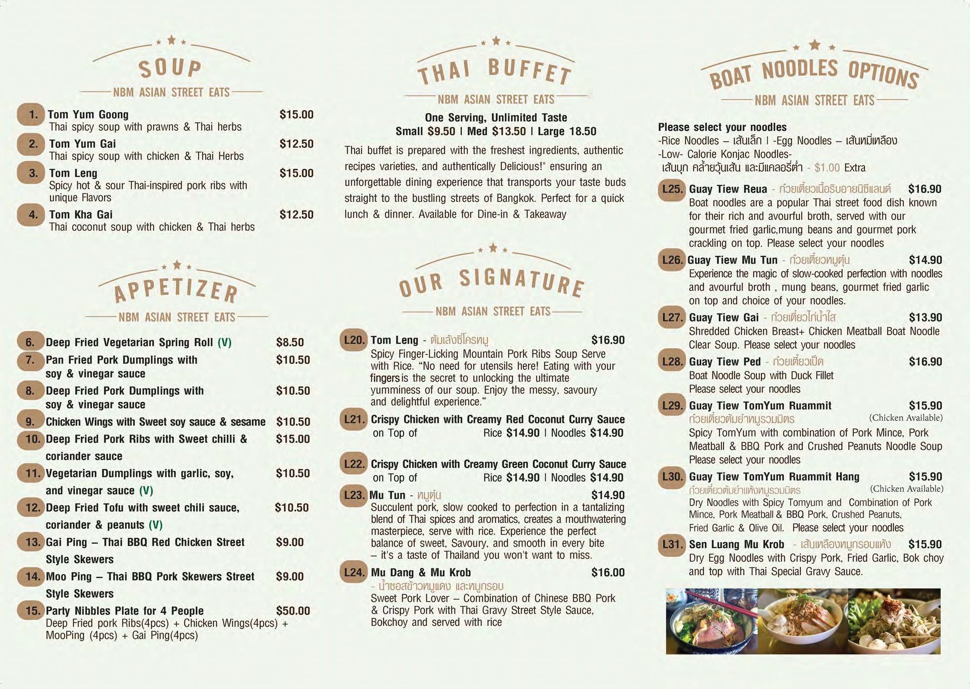 A menu for a restaurant called thai buffet