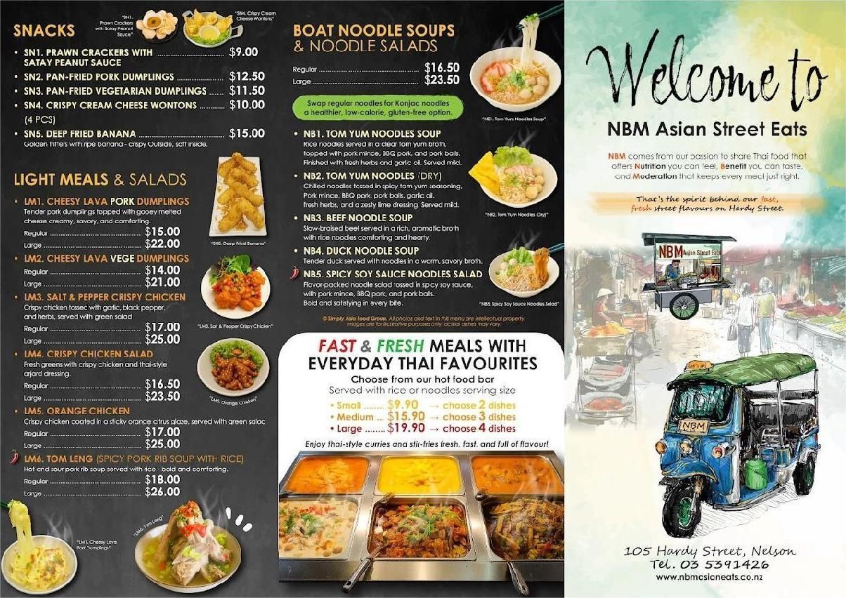 A menu for a restaurant called nbm asian street eats