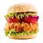 A close up of a hamburger with lettuce , tomatoes , and onions on a white background.