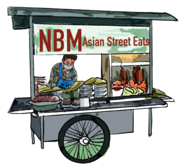 A cartoon drawing of an asian street eats cart